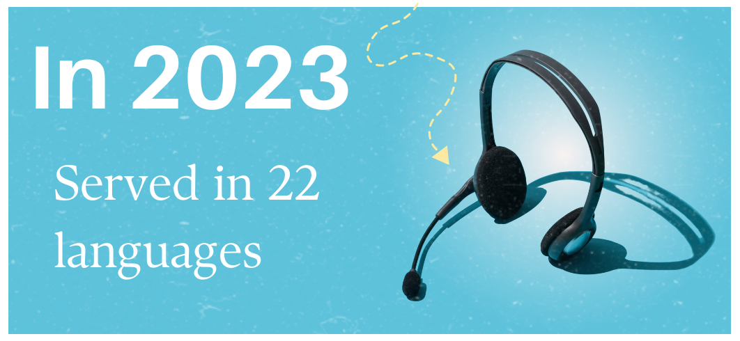 Blue background. On the right is a black headphone set. Text says, In 2023. Served in 22 languages.