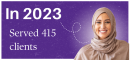 Purple background. On the right is a smiling Muslim woman. Text says, In 2023. Served 415 clients.